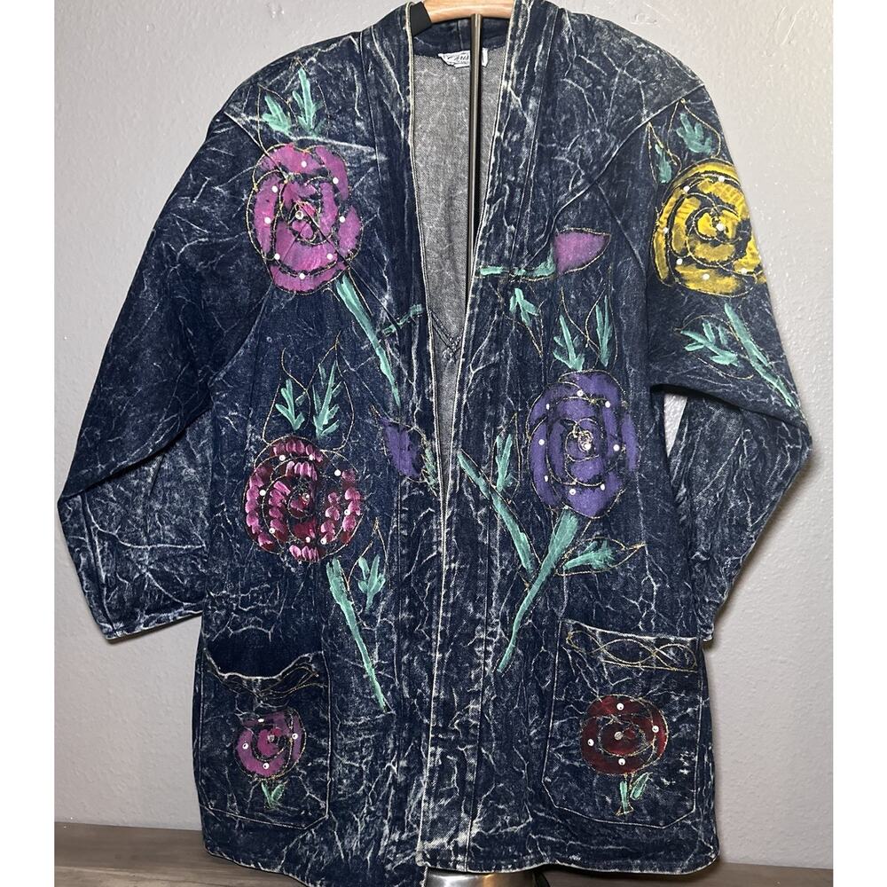 Vtg Christie Of California Denim Jacket Hand Painted Acid Washed Art to Wear 14